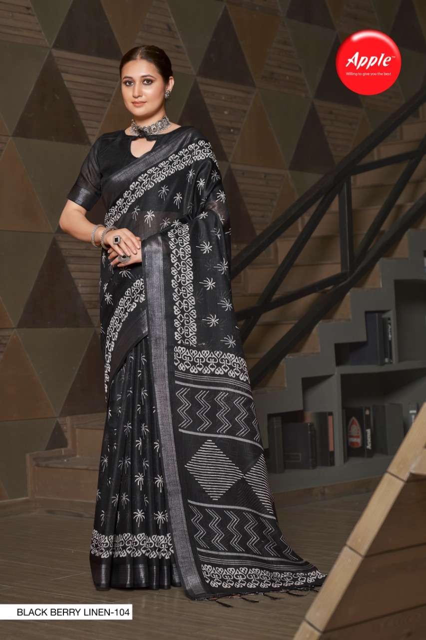 BLACK BERRY LINEN BY APPLE 101 TO 108 SERIES INDIAN TRADITIONAL WEAR COLLECTION BEAUTIFUL STYLISH FANCY COLORFUL PARTY WEAR & OCCASIONAL WEAR PURE LINEN SAREES AT WHOLESALE PRICE