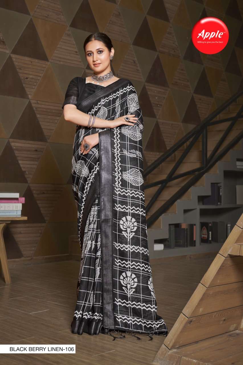 BLACK BERRY LINEN BY APPLE 101 TO 108 SERIES INDIAN TRADITIONAL WEAR COLLECTION BEAUTIFUL STYLISH FANCY COLORFUL PARTY WEAR & OCCASIONAL WEAR PURE LINEN SAREES AT WHOLESALE PRICE