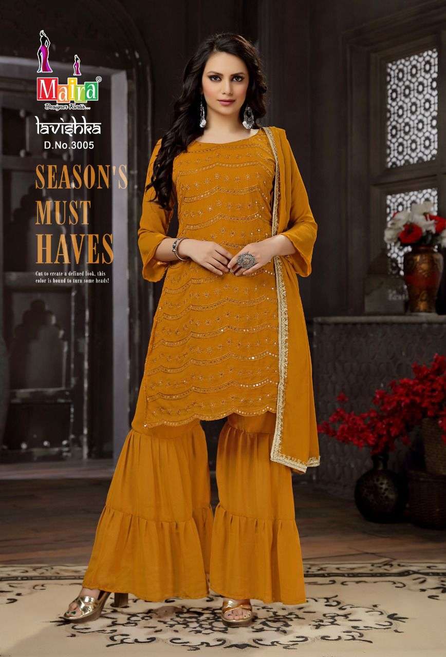 LAVISHKA VOL-3 BY MAIRA 3001 TO 3006 SERIES BEAUTIFUL SHARARA SUITS COLORFUL STYLISH FANCY CASUAL WEAR & ETHNIC WEAR HEAVY BLOOMING GEORGETTE DRESSES AT WHOLESALE PRICE