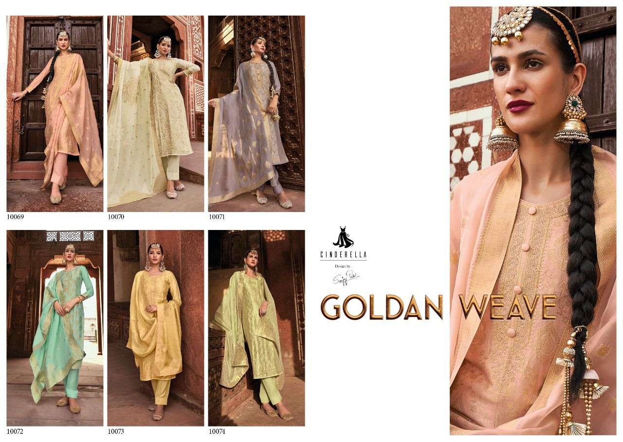 GOLDEN WEAVE BY CINDERELLA 10069 TO 10074 SERIES BEAUTIFUL SUITS STYLISH FANCY COLORFUL PARTY WEAR & OCCASIONAL WEAR PURE BANARASI SILK DRESSES AT WHOLESALE PRICE
