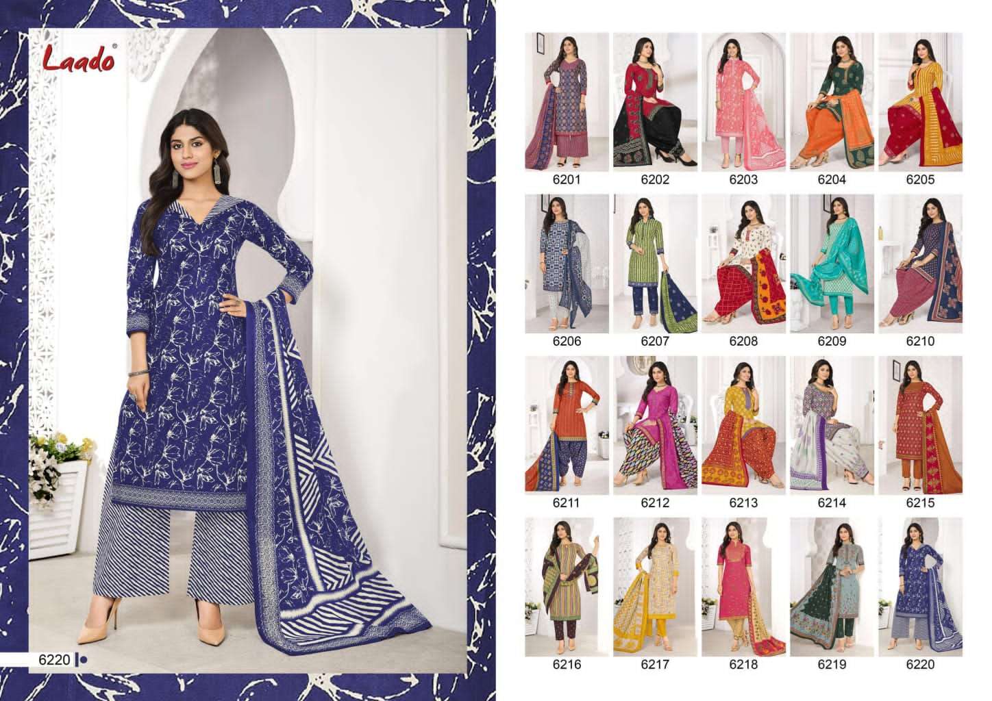 LAADO VOL-62 BY LAADO 6201 TO 6220 SERIES BEAUTIFUL SUITS STYLISH FANCY COLORFUL PARTY WEAR & OCCASIONAL WEAR PURE COTTON PRINTED DRESSES AT WHOLESALE PRICE