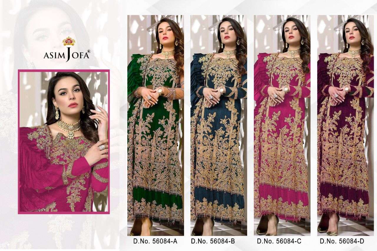 ASIM JOFA HIT DESIGN 56084 COLOURS BY ASIM JOFA 56084-A TO 56084-D SERIES BEAUTIFUL SUITS STYLISH COLORFUL FANCY CASUAL WEAR & ETHNIC WEAR GEORGETTE EMBROIDERED DRESSES AT WHOLESALE PRICE
