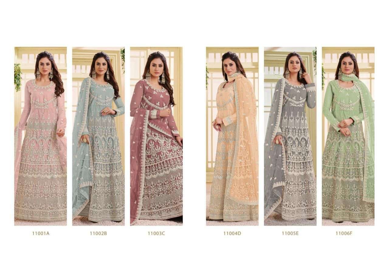 NOORA VOL-4 BY VOUCHE 11001 TO 11006 SERIES BEAUTIFUL ANARKALI SUITS COLORFUL STYLISH FANCY CASUAL WEAR & ETHNIC WEAR HEAVY NET EMBROIDERED DRESSES AT WHOLESALE PRICE