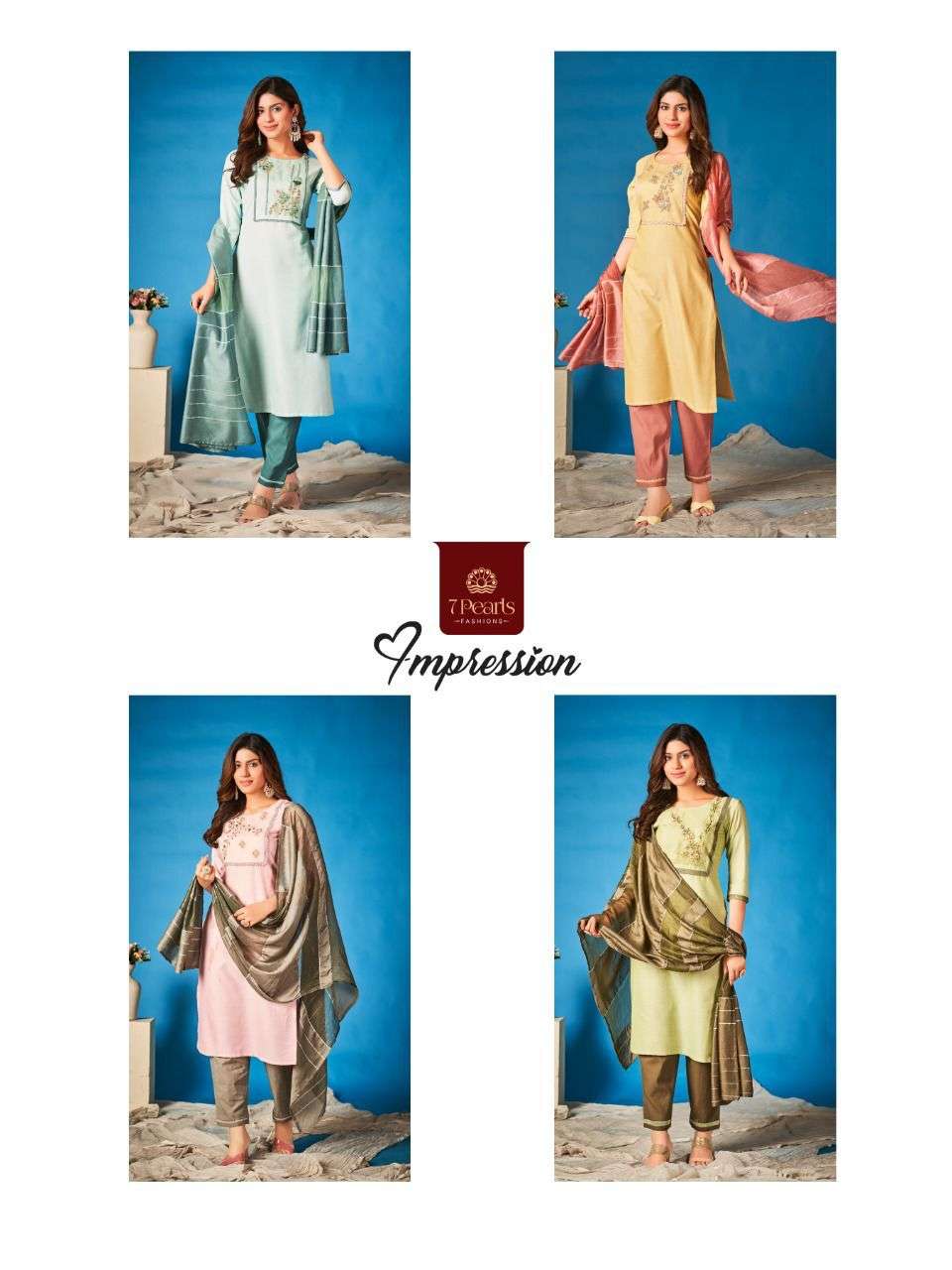 IMPRESSION BY 7 PEARLS 01 TO 04 SERIES BEAUTIFUL SUITS COLORFUL STYLISH FANCY CASUAL WEAR & ETHNIC WEAR COTTON EMBROIDERED DRESSES AT WHOLESALE PRICE