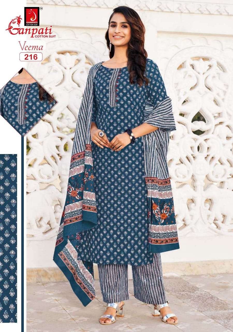 VEEMA BY GANPATI COTTON SUIT 216 TO 230 SERIES BEAUTIFUL STYLISH SUITS FANCY COLORFUL CASUAL WEAR & ETHNIC WEAR & READY TO WEAR PURE COTTON DRESSES AT WHOLESALE PRICE