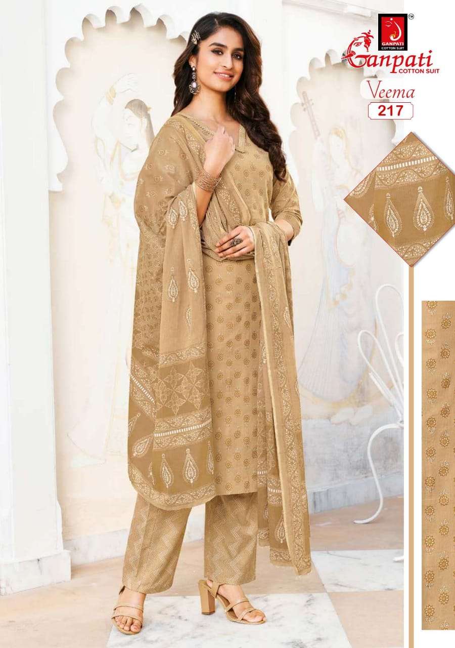 VEEMA BY GANPATI COTTON SUIT 216 TO 230 SERIES BEAUTIFUL STYLISH SUITS FANCY COLORFUL CASUAL WEAR & ETHNIC WEAR & READY TO WEAR PURE COTTON DRESSES AT WHOLESALE PRICE