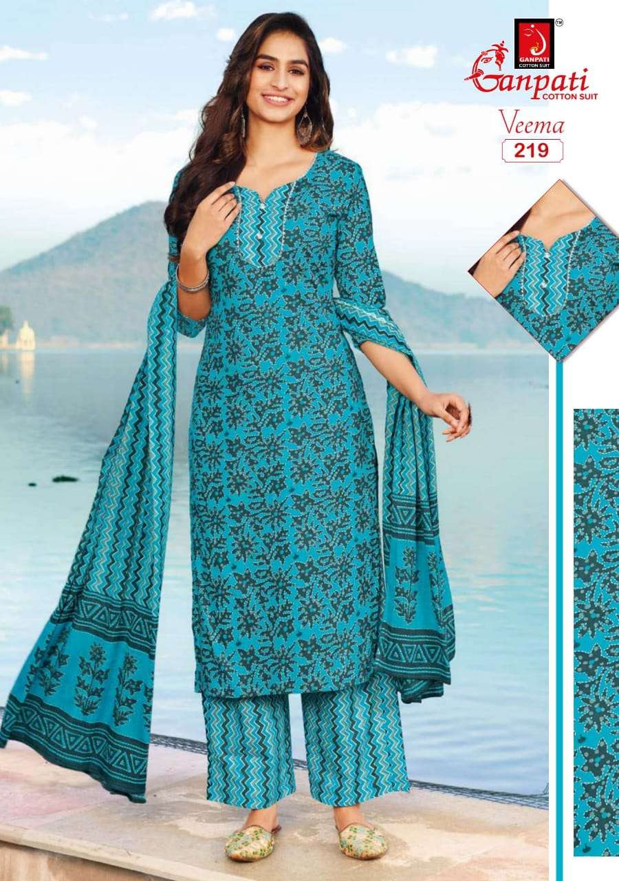 VEEMA BY GANPATI COTTON SUIT 216 TO 230 SERIES BEAUTIFUL STYLISH SUITS FANCY COLORFUL CASUAL WEAR & ETHNIC WEAR & READY TO WEAR PURE COTTON DRESSES AT WHOLESALE PRICE