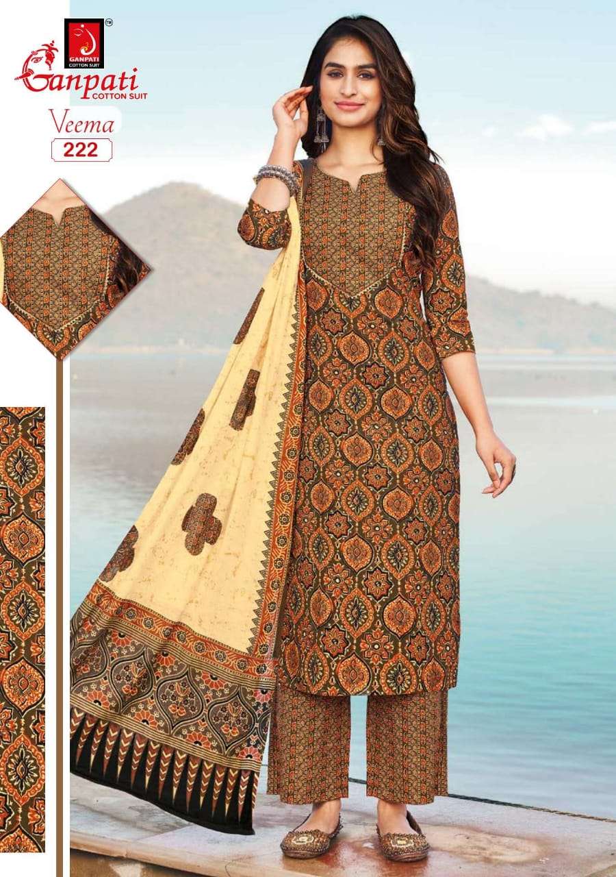 VEEMA BY GANPATI COTTON SUIT 216 TO 230 SERIES BEAUTIFUL STYLISH SUITS FANCY COLORFUL CASUAL WEAR & ETHNIC WEAR & READY TO WEAR PURE COTTON DRESSES AT WHOLESALE PRICE