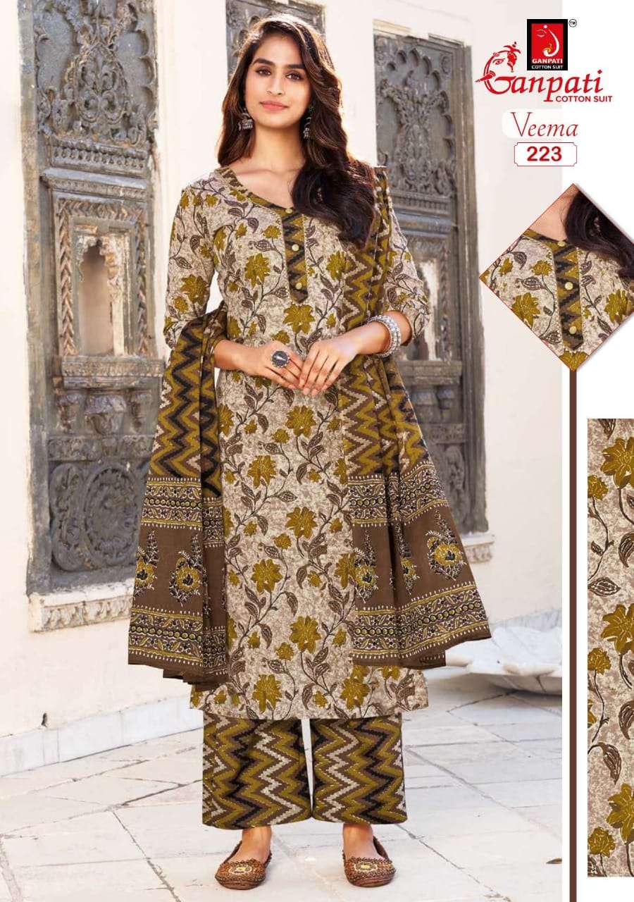 VEEMA BY GANPATI COTTON SUIT 216 TO 230 SERIES BEAUTIFUL STYLISH SUITS FANCY COLORFUL CASUAL WEAR & ETHNIC WEAR & READY TO WEAR PURE COTTON DRESSES AT WHOLESALE PRICE