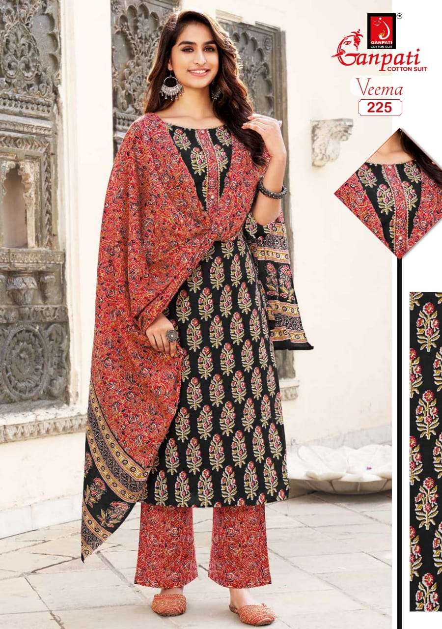 VEEMA BY GANPATI COTTON SUIT 216 TO 230 SERIES BEAUTIFUL STYLISH SUITS FANCY COLORFUL CASUAL WEAR & ETHNIC WEAR & READY TO WEAR PURE COTTON DRESSES AT WHOLESALE PRICE