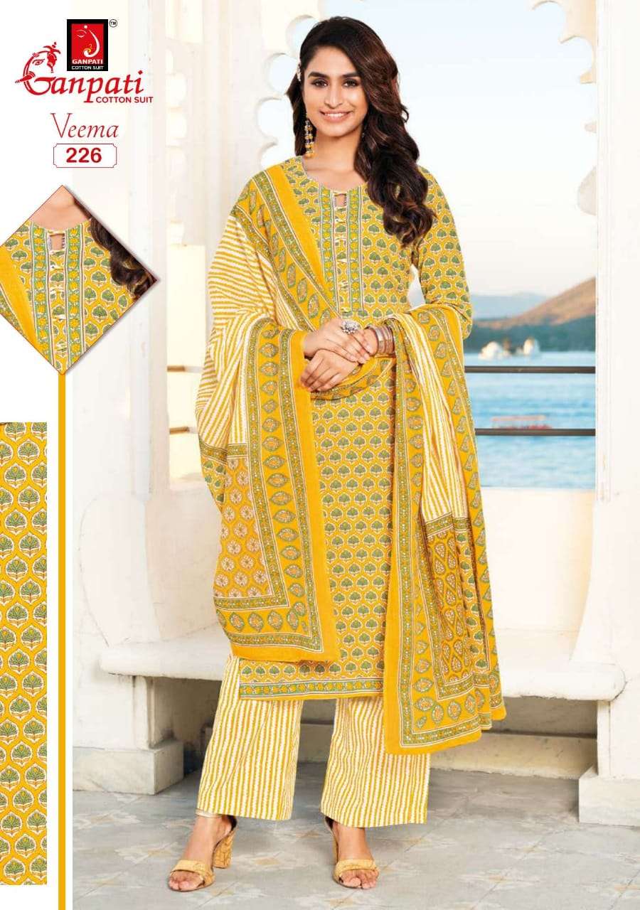 VEEMA BY GANPATI COTTON SUIT 216 TO 230 SERIES BEAUTIFUL STYLISH SUITS FANCY COLORFUL CASUAL WEAR & ETHNIC WEAR & READY TO WEAR PURE COTTON DRESSES AT WHOLESALE PRICE