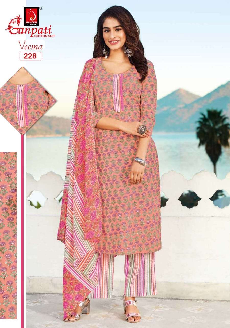 VEEMA BY GANPATI COTTON SUIT 216 TO 230 SERIES BEAUTIFUL STYLISH SUITS FANCY COLORFUL CASUAL WEAR & ETHNIC WEAR & READY TO WEAR PURE COTTON DRESSES AT WHOLESALE PRICE