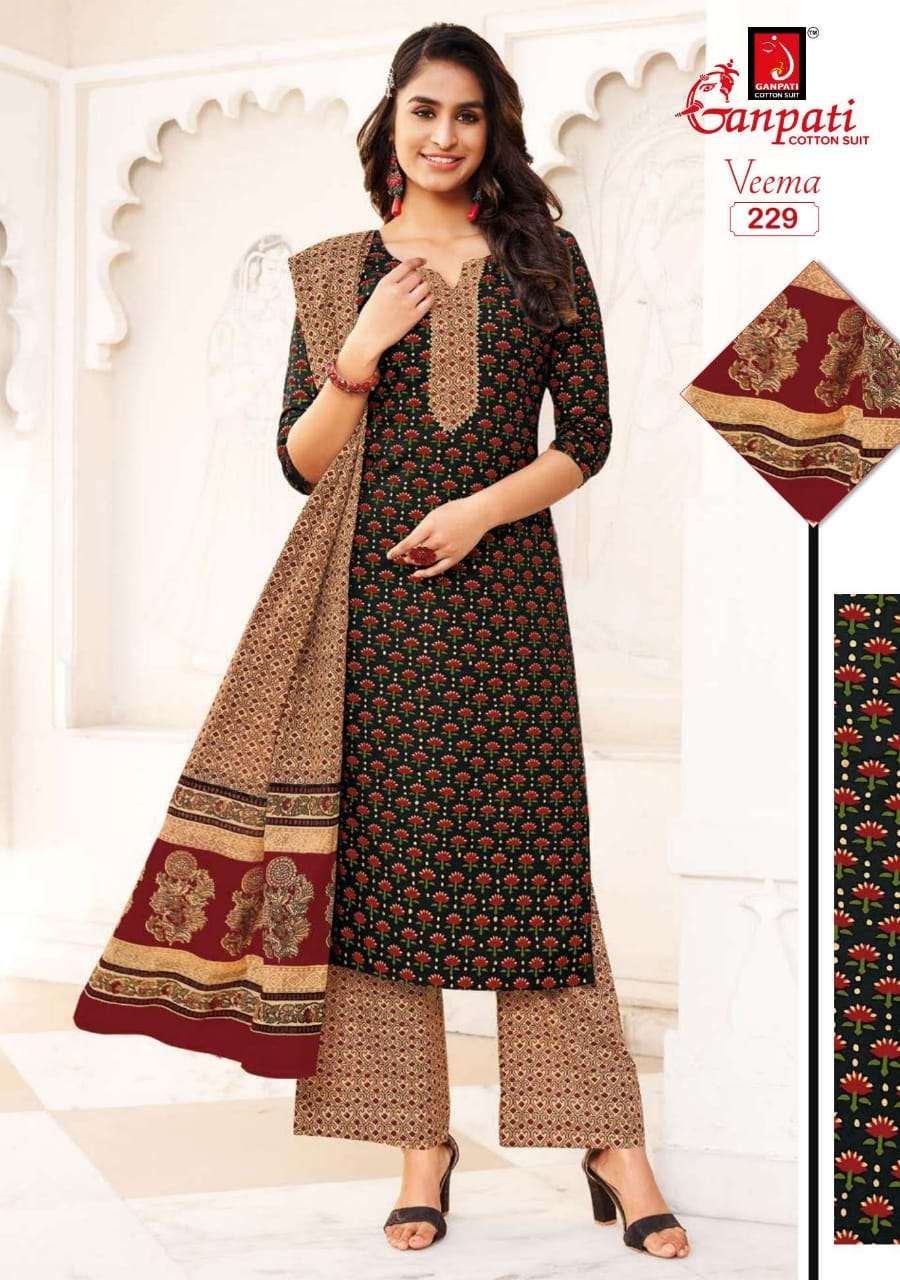 VEEMA BY GANPATI COTTON SUIT 216 TO 230 SERIES BEAUTIFUL STYLISH SUITS FANCY COLORFUL CASUAL WEAR & ETHNIC WEAR & READY TO WEAR PURE COTTON DRESSES AT WHOLESALE PRICE
