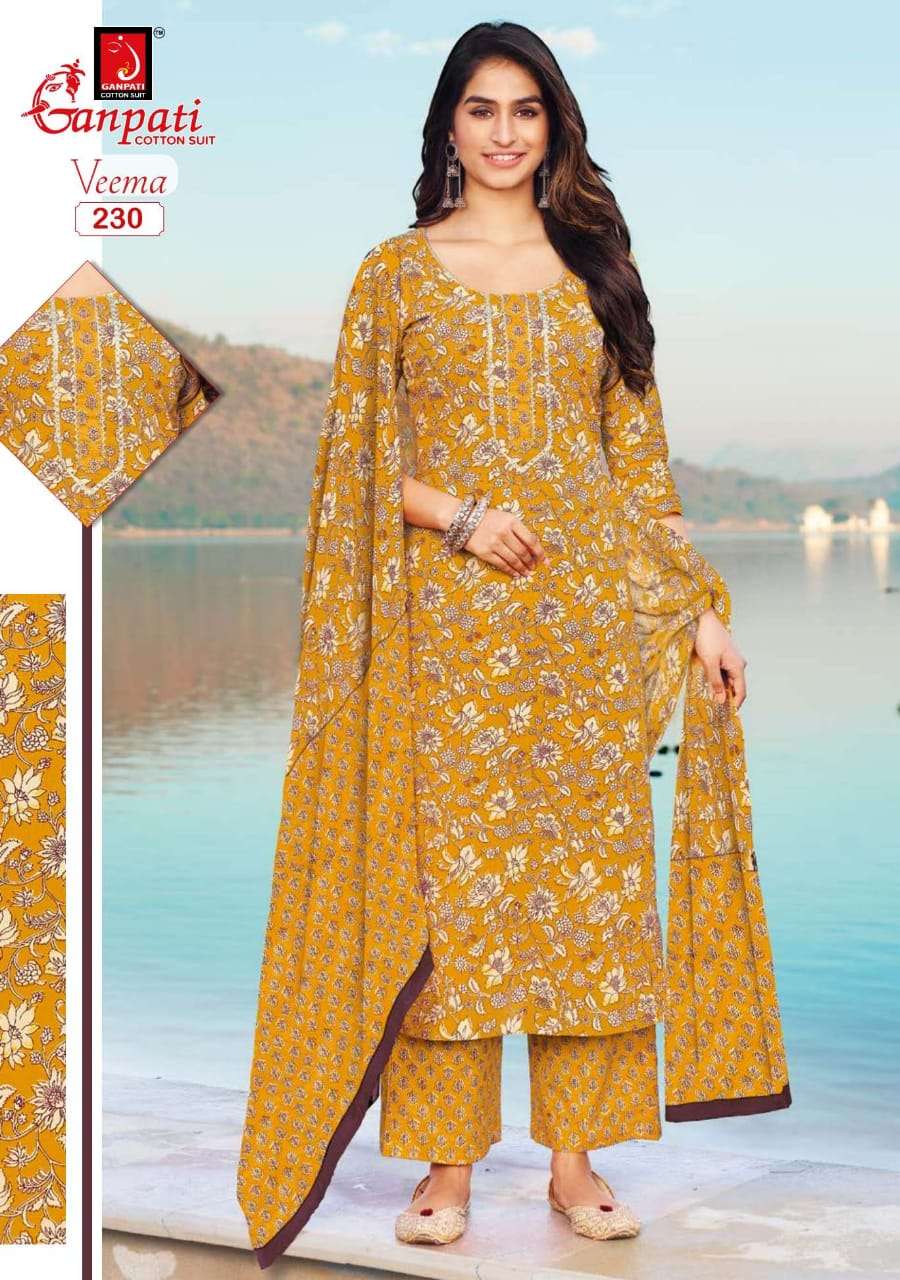 VEEMA BY GANPATI COTTON SUIT 216 TO 230 SERIES BEAUTIFUL STYLISH SUITS FANCY COLORFUL CASUAL WEAR & ETHNIC WEAR & READY TO WEAR PURE COTTON DRESSES AT WHOLESALE PRICE