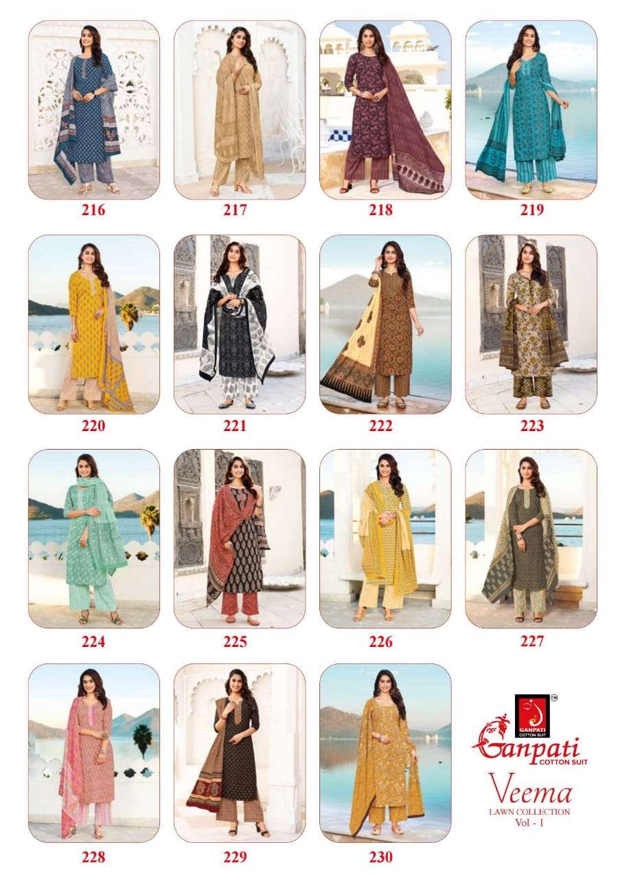 VEEMA BY GANPATI COTTON SUIT 216 TO 230 SERIES BEAUTIFUL STYLISH SUITS FANCY COLORFUL CASUAL WEAR & ETHNIC WEAR & READY TO WEAR PURE COTTON DRESSES AT WHOLESALE PRICE