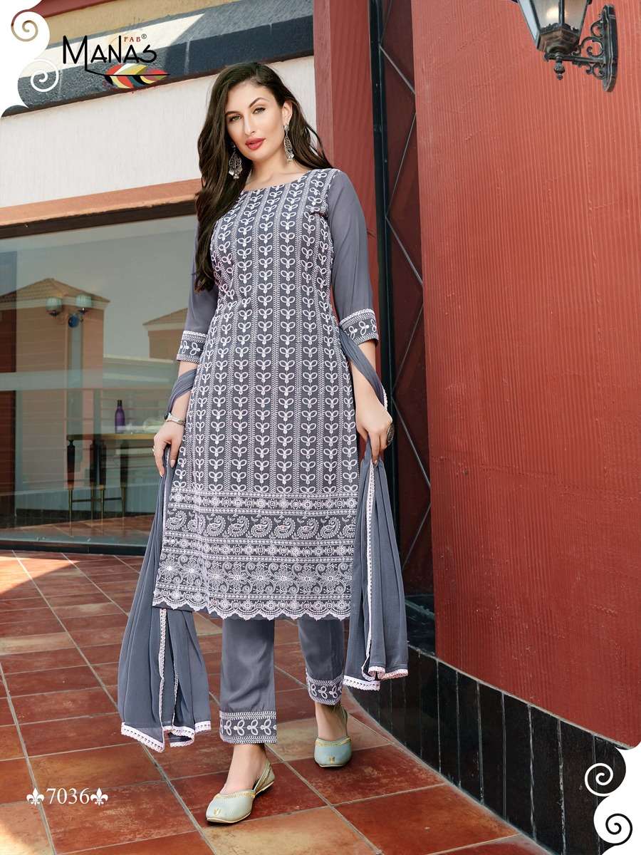 SCHIFFLI VOL-6 BY MANAS FAB 7031 TO 7036 SERIES BEAUTIFUL SUITS COLORFUL STYLISH FANCY CASUAL WEAR & ETHNIC WEAR GEORGETTE WITH SCHIFFLI WORK DRESSES AT WHOLESALE PRICE