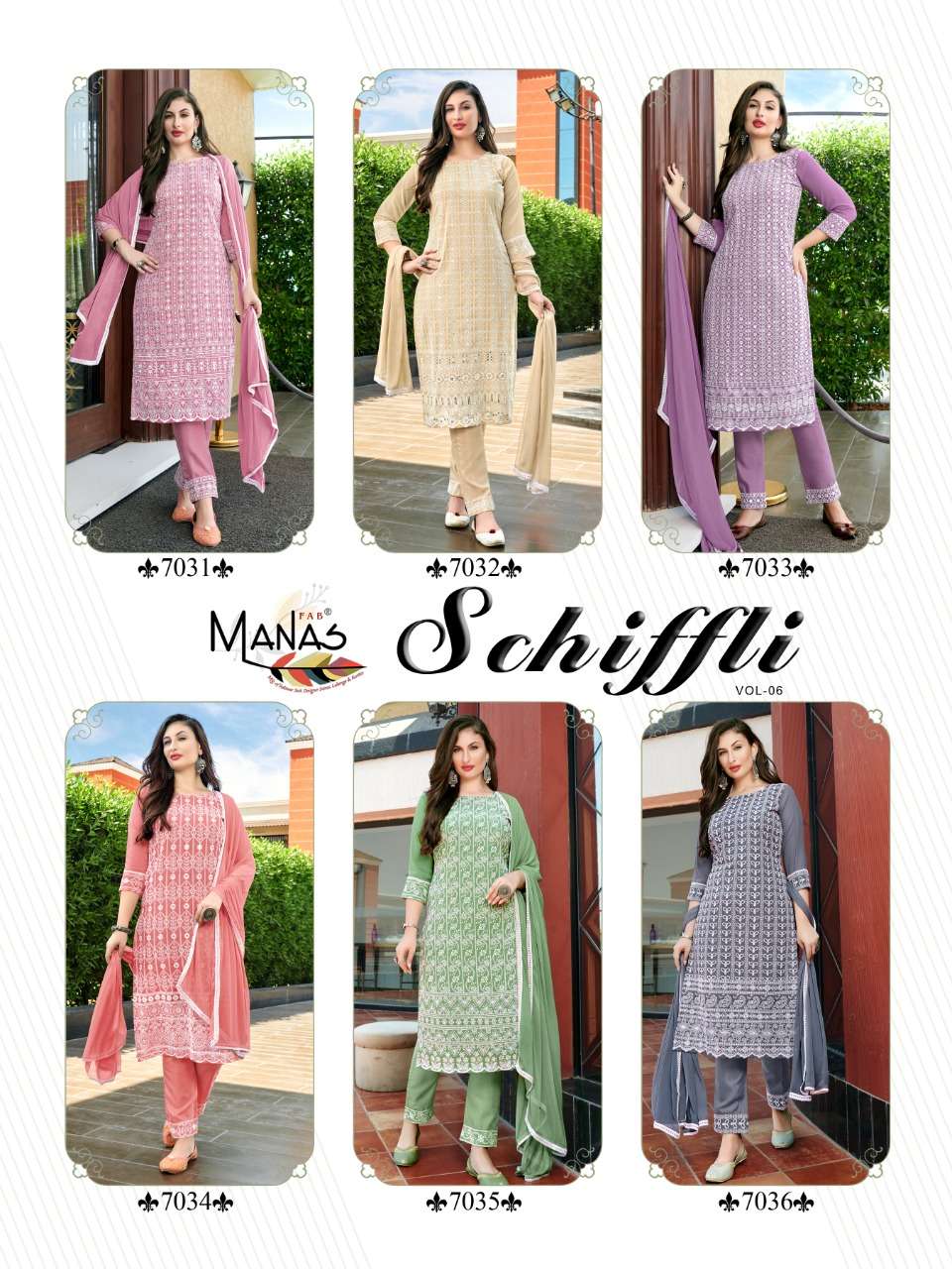 SCHIFFLI VOL-6 BY MANAS FAB 7031 TO 7036 SERIES BEAUTIFUL SUITS COLORFUL STYLISH FANCY CASUAL WEAR & ETHNIC WEAR GEORGETTE WITH SCHIFFLI WORK DRESSES AT WHOLESALE PRICE