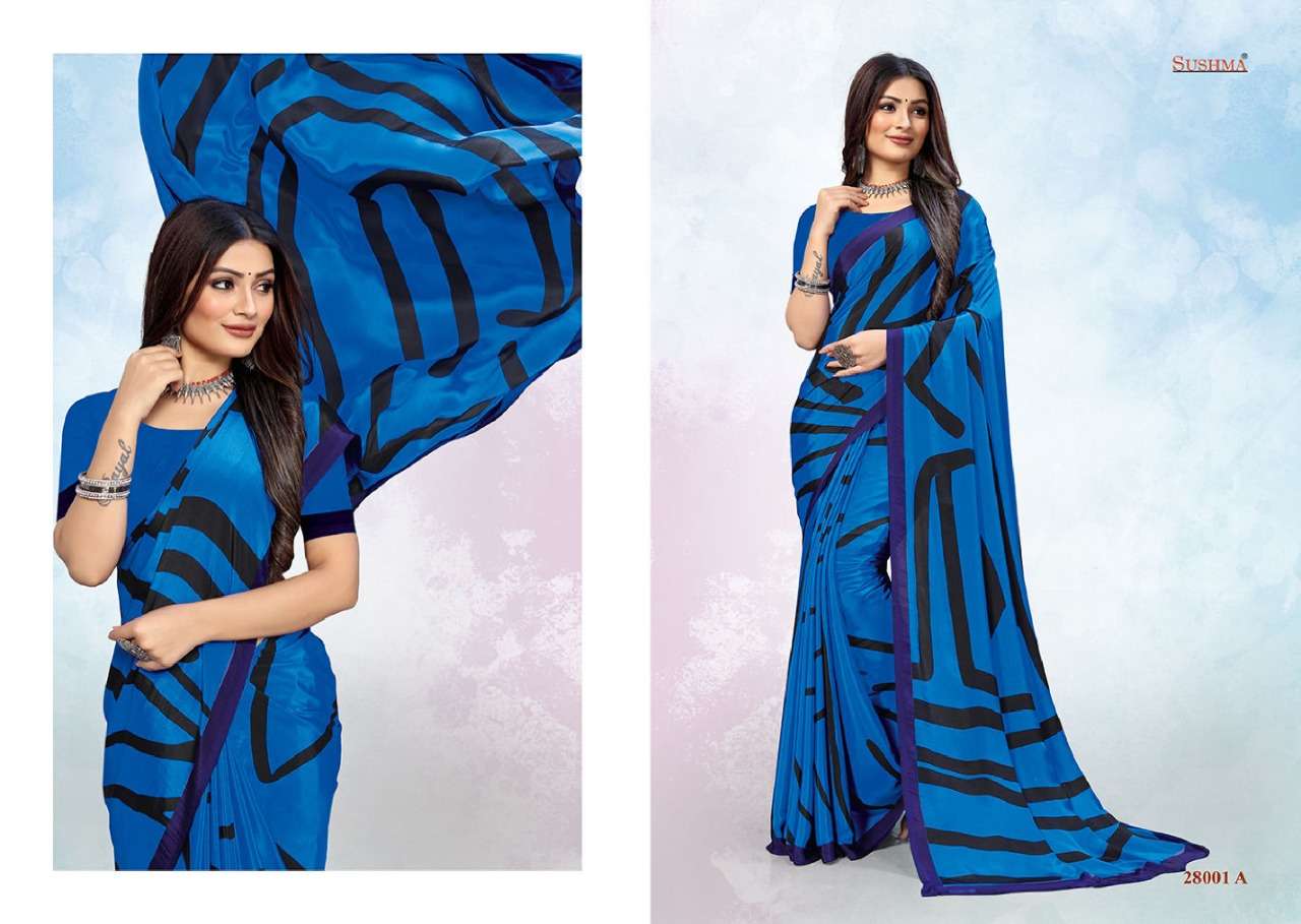 COLORS BY SUSHMA 28001-A TO 28002-C SERIES INDIAN TRADITIONAL WEAR COLLECTION BEAUTIFUL STYLISH FANCY COLORFUL PARTY WEAR & OCCASIONAL WEAR CREPE SAREES AT WHOLESALE PRICE