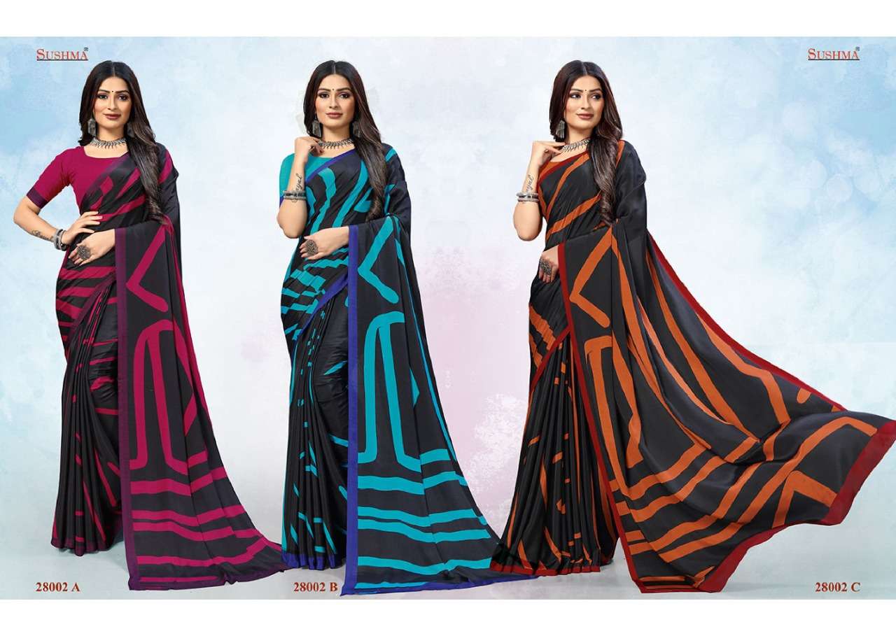 COLORS BY SUSHMA 28001-A TO 28002-C SERIES INDIAN TRADITIONAL WEAR COLLECTION BEAUTIFUL STYLISH FANCY COLORFUL PARTY WEAR & OCCASIONAL WEAR CREPE SAREES AT WHOLESALE PRICE
