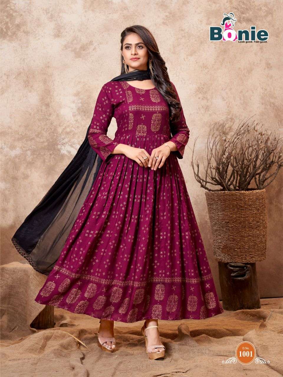 PUSHPA BY BONIE 1001 TO 1008 SERIES BEAUTIFUL STYLISH FANCY COLORFUL CASUAL WEAR & ETHNIC WEAR PURE RAYON GOWNS WITH DUPATTA AT WHOLESALE PRICE
