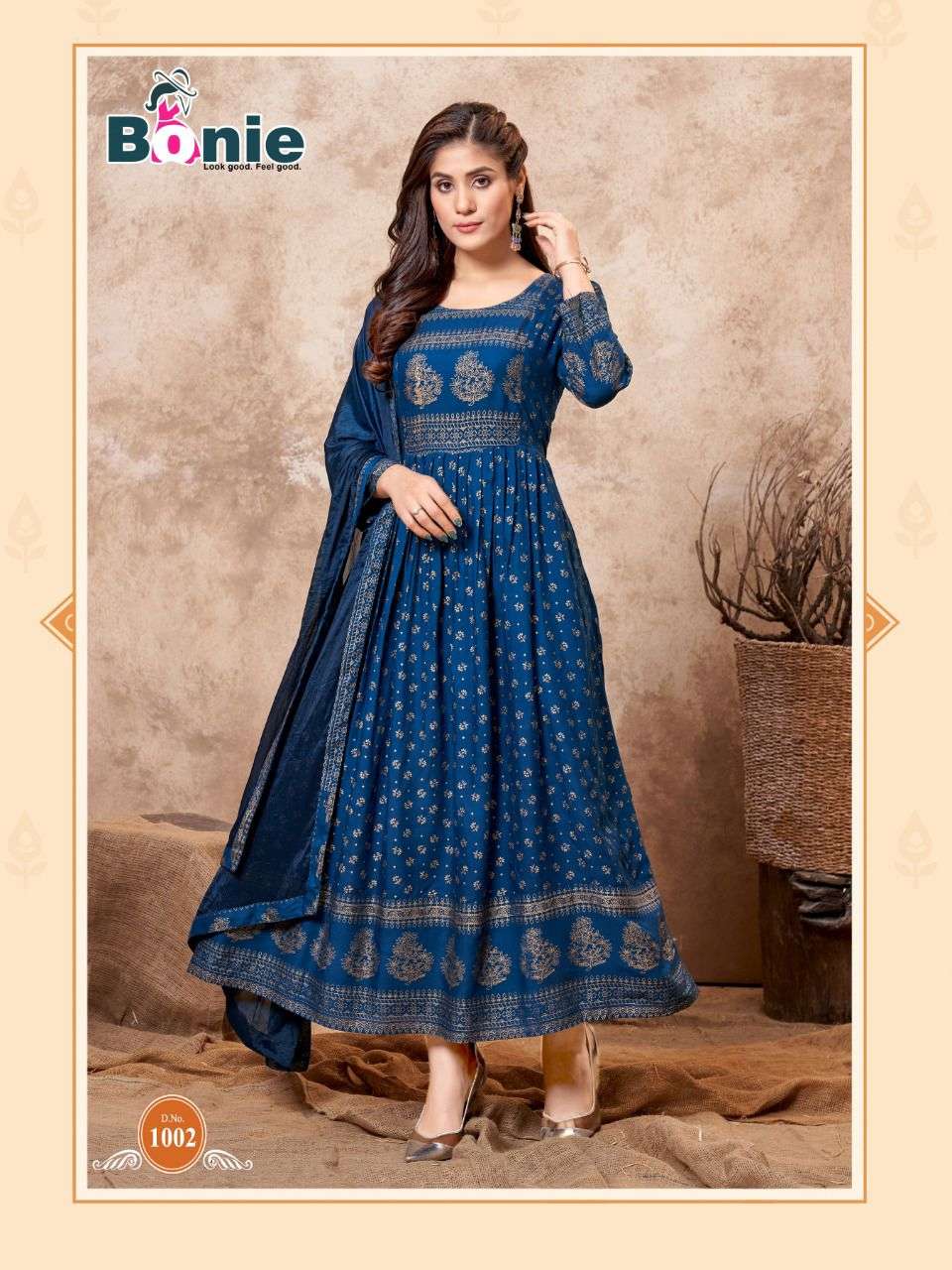 PUSHPA BY BONIE 1001 TO 1008 SERIES BEAUTIFUL STYLISH FANCY COLORFUL CASUAL WEAR & ETHNIC WEAR PURE RAYON GOWNS WITH DUPATTA AT WHOLESALE PRICE