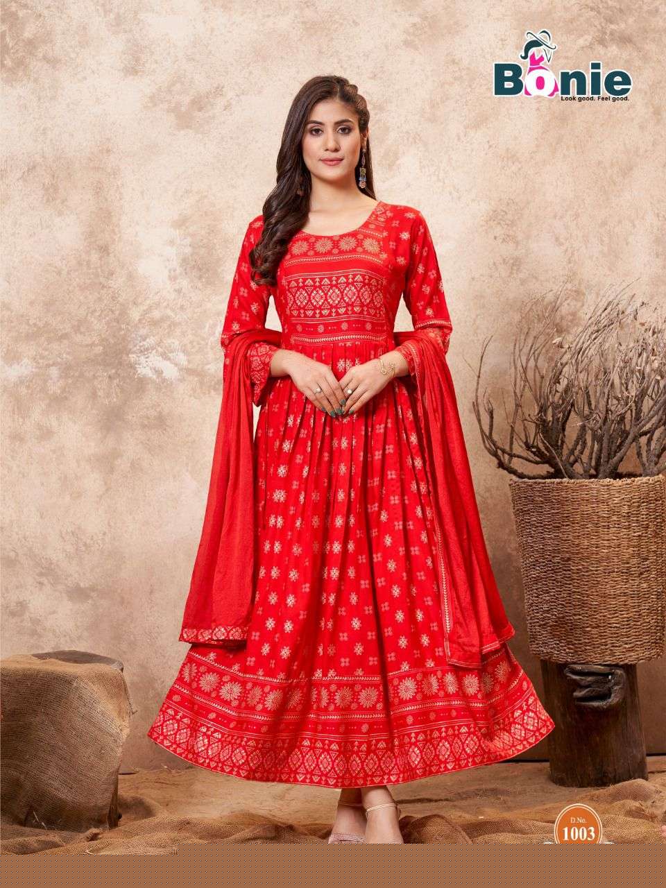 PUSHPA BY BONIE 1001 TO 1008 SERIES BEAUTIFUL STYLISH FANCY COLORFUL CASUAL WEAR & ETHNIC WEAR PURE RAYON GOWNS WITH DUPATTA AT WHOLESALE PRICE