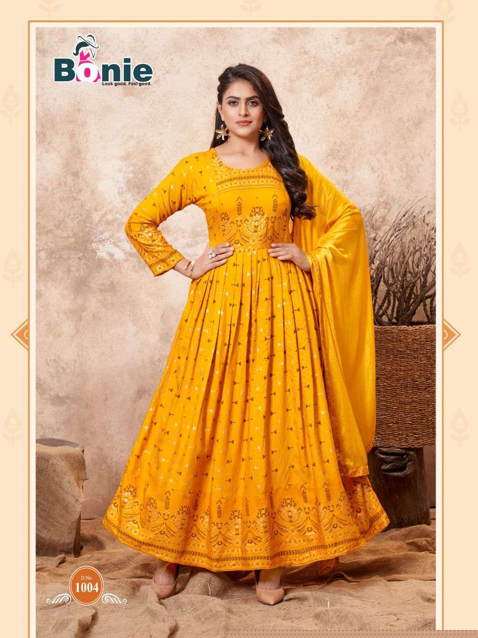 PUSHPA BY BONIE 1001 TO 1008 SERIES BEAUTIFUL STYLISH FANCY COLORFUL CASUAL WEAR & ETHNIC WEAR PURE RAYON GOWNS WITH DUPATTA AT WHOLESALE PRICE
