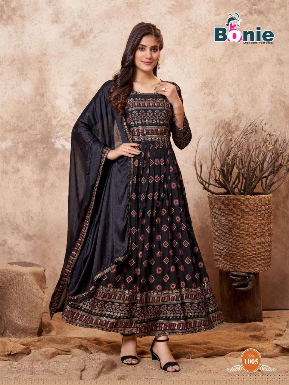 PUSHPA BY BONIE 1001 TO 1008 SERIES BEAUTIFUL STYLISH FANCY COLORFUL CASUAL WEAR & ETHNIC WEAR PURE RAYON GOWNS WITH DUPATTA AT WHOLESALE PRICE