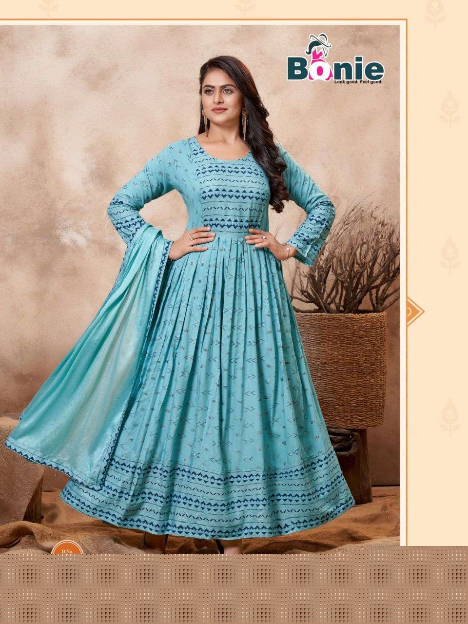 PUSHPA BY BONIE 1001 TO 1008 SERIES BEAUTIFUL STYLISH FANCY COLORFUL CASUAL WEAR & ETHNIC WEAR PURE RAYON GOWNS WITH DUPATTA AT WHOLESALE PRICE