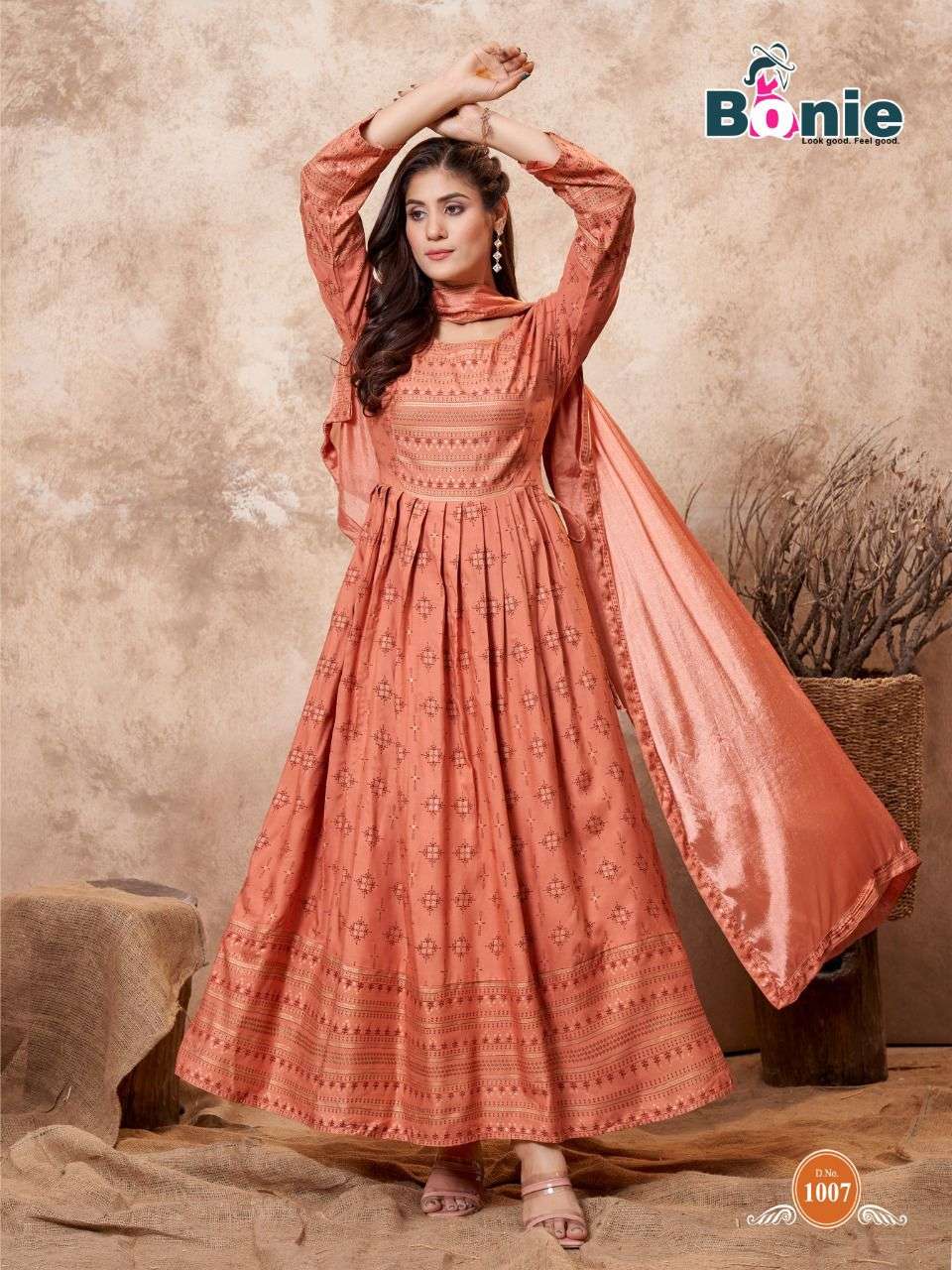 PUSHPA BY BONIE 1001 TO 1008 SERIES BEAUTIFUL STYLISH FANCY COLORFUL CASUAL WEAR & ETHNIC WEAR PURE RAYON GOWNS WITH DUPATTA AT WHOLESALE PRICE