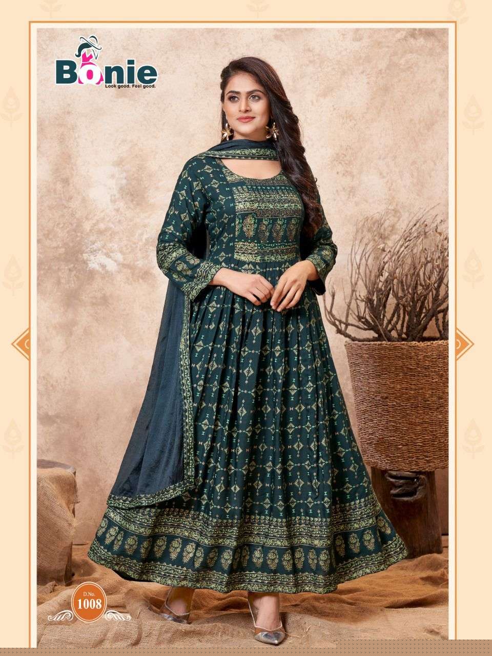 PUSHPA BY BONIE 1001 TO 1008 SERIES BEAUTIFUL STYLISH FANCY COLORFUL CASUAL WEAR & ETHNIC WEAR PURE RAYON GOWNS WITH DUPATTA AT WHOLESALE PRICE