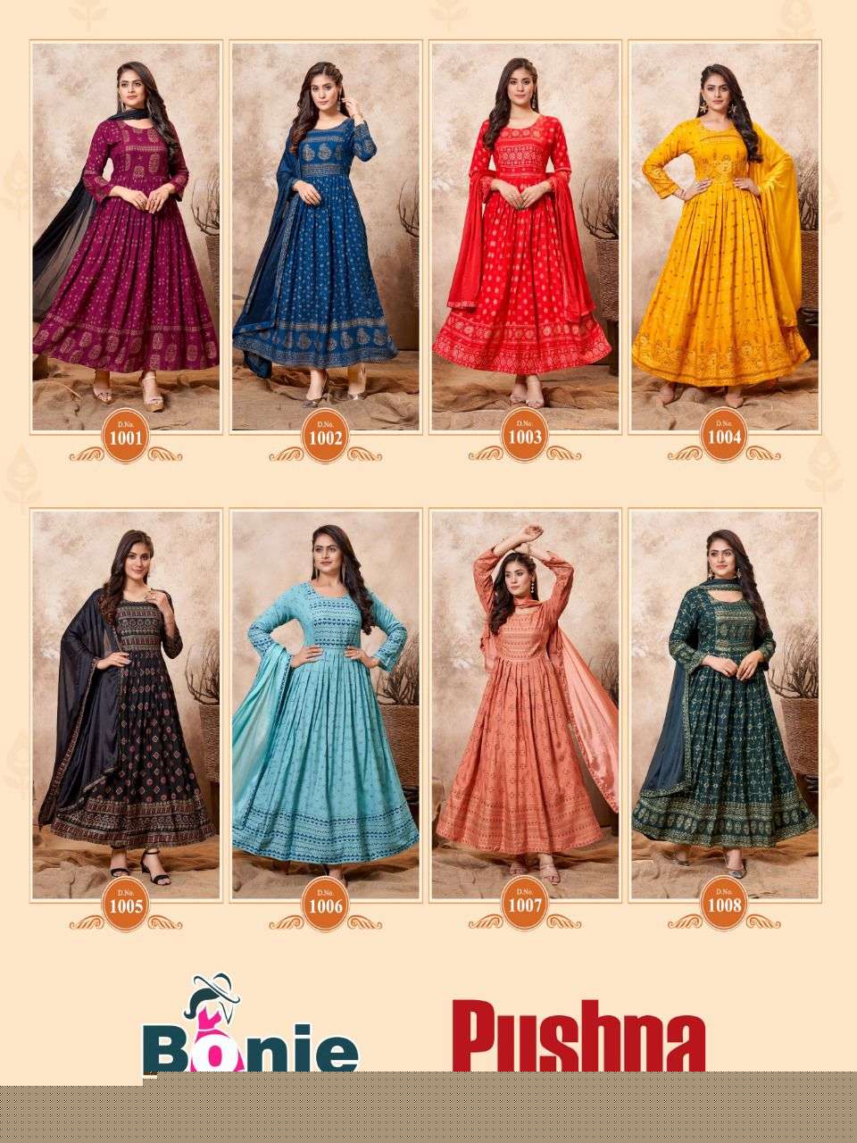 PUSHPA BY BONIE 1001 TO 1008 SERIES BEAUTIFUL STYLISH FANCY COLORFUL CASUAL WEAR & ETHNIC WEAR PURE RAYON GOWNS WITH DUPATTA AT WHOLESALE PRICE
