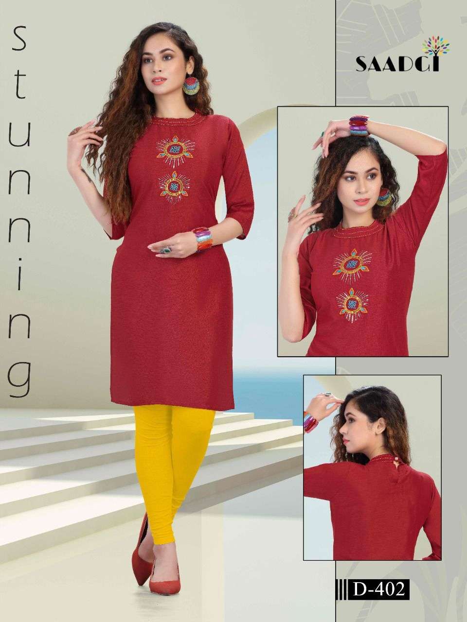DUSTER BY SAADGI 401 TO 410 SERIES DESIGNER STYLISH FANCY COLORFUL BEAUTIFUL PARTY WEAR & ETHNIC WEAR COLLECTION SLUB EMBROIDERY KURTIS AT WHOLESALE PRICE