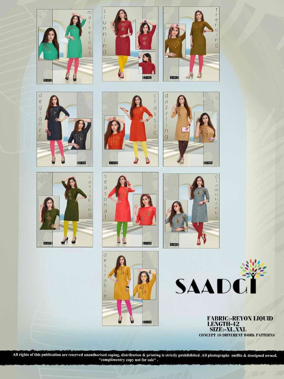 DUSTER BY SAADGI 401 TO 410 SERIES DESIGNER STYLISH FANCY COLORFUL BEAUTIFUL PARTY WEAR & ETHNIC WEAR COLLECTION SLUB EMBROIDERY KURTIS AT WHOLESALE PRICE