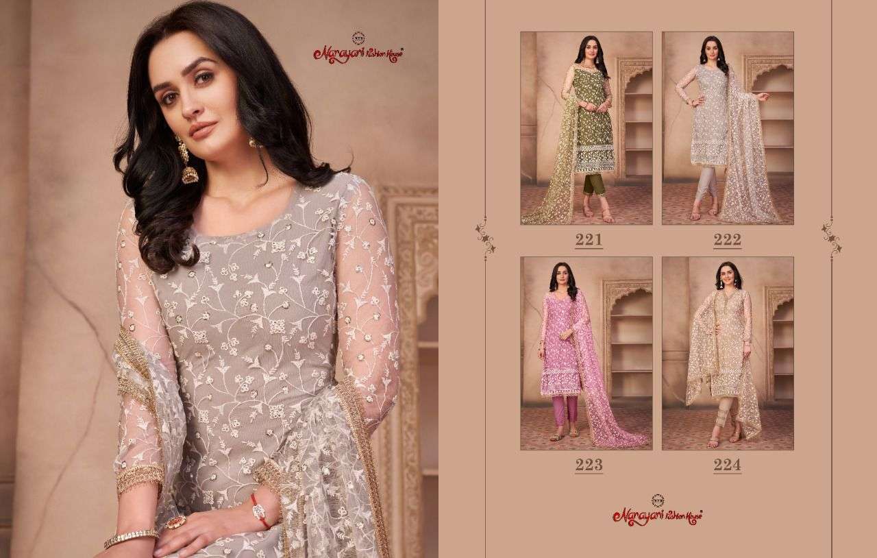Zehra Vol-1 By Narayani Fashion Hub 221 To 224 Series Beautiful Suits Colorful Stylish Fancy Casual Wear & Ethnic Wear Mono Net Dresses At Wholesale Price