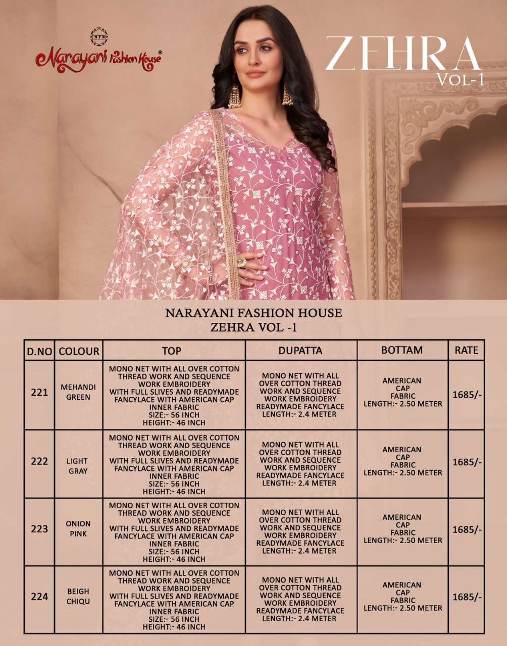 Zehra Vol-1 By Narayani Fashion Hub 221 To 224 Series Beautiful Suits Colorful Stylish Fancy Casual Wear & Ethnic Wear Mono Net Dresses At Wholesale Price