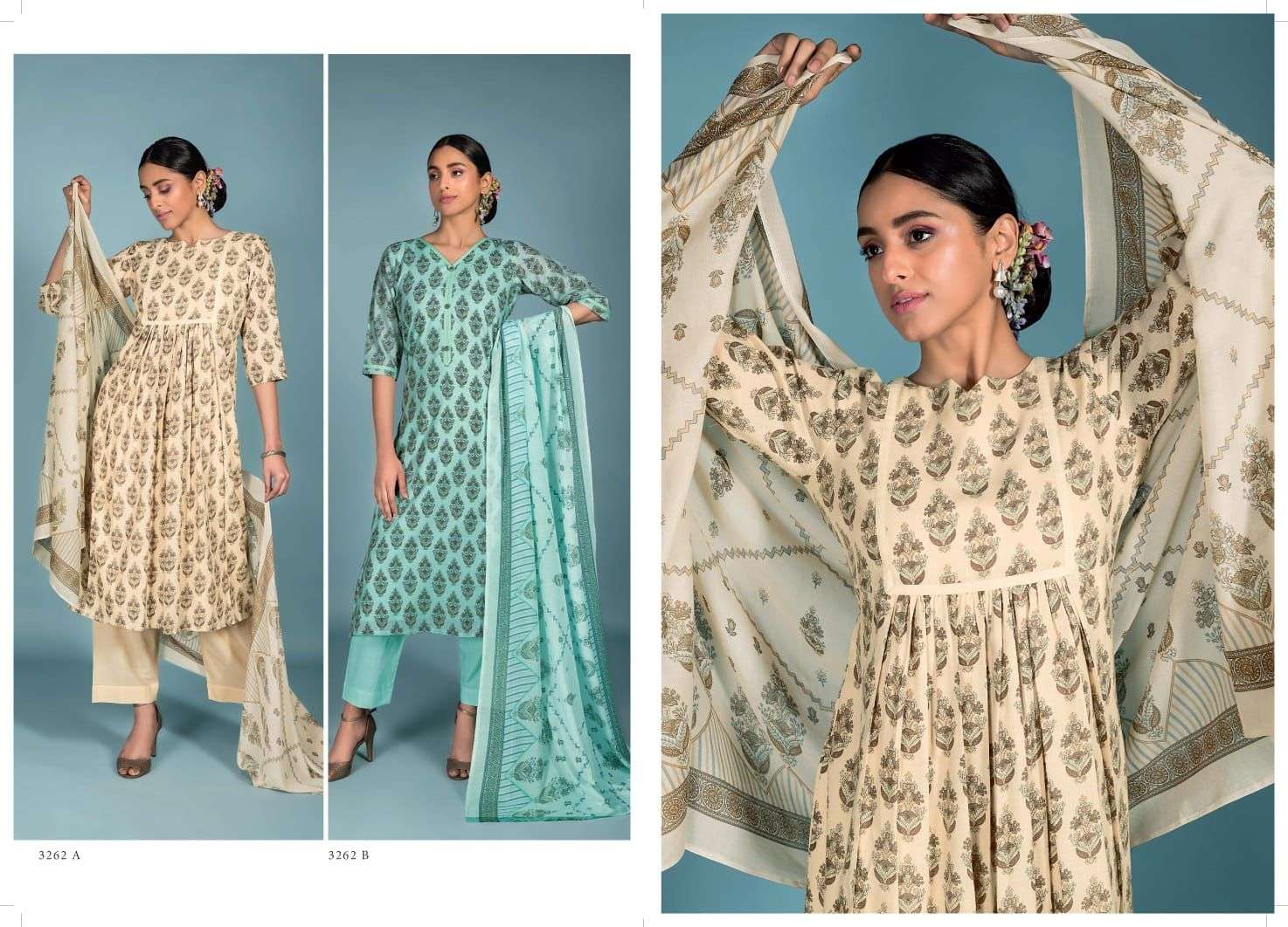 ABEERA VOL-2 BY RIVAA 3261-A TO 3264-B SERIES BEAUTIFUL SUITS COLORFUL STYLISH FANCY CASUAL WEAR & ETHNIC WEAR PURE COTTON PRINT DRESSES AT WHOLESALE PRICE