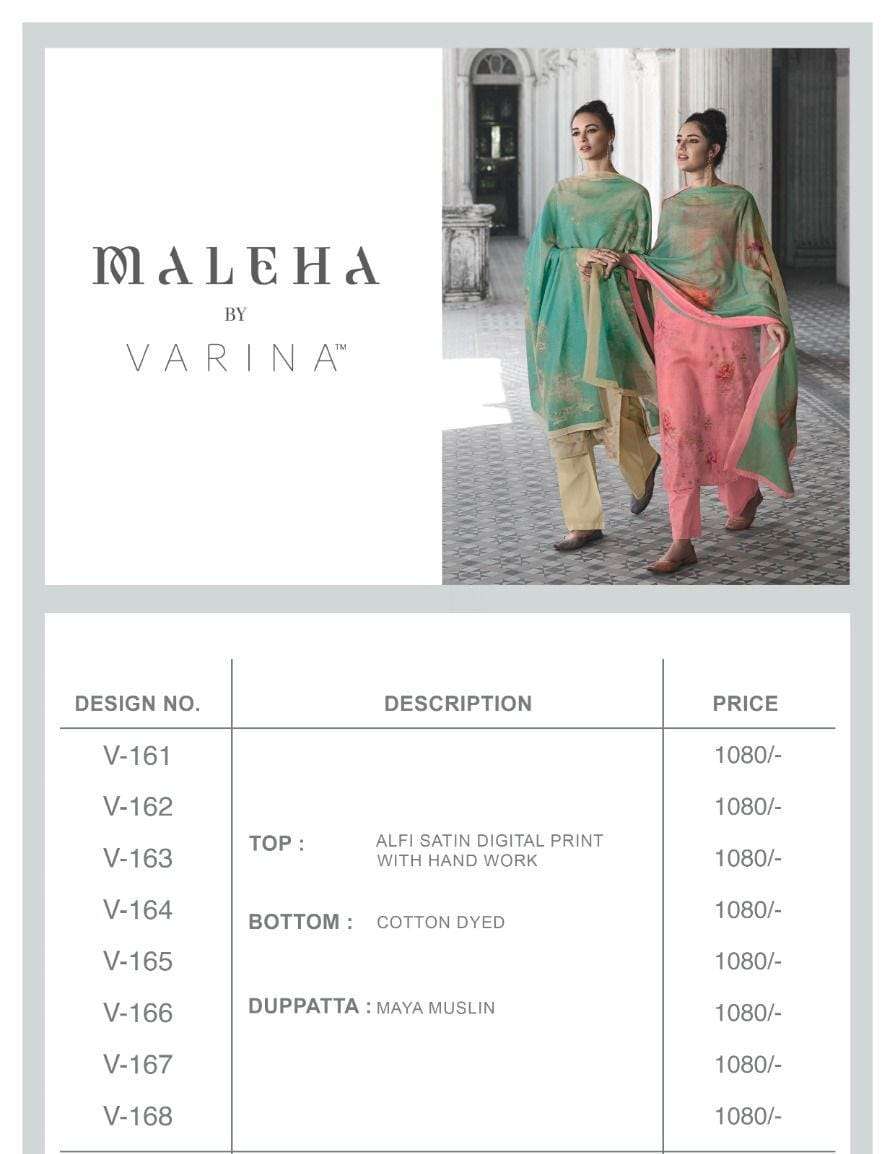 MALEHA BY VARINA 161 TO 168 SERIES BEAUTIFUL SUITS COLORFUL STYLISH FANCY CASUAL WEAR & ETHNIC WEAR SATIN DIGITAL PRINT DRESSES AT WHOLESALE PRICE