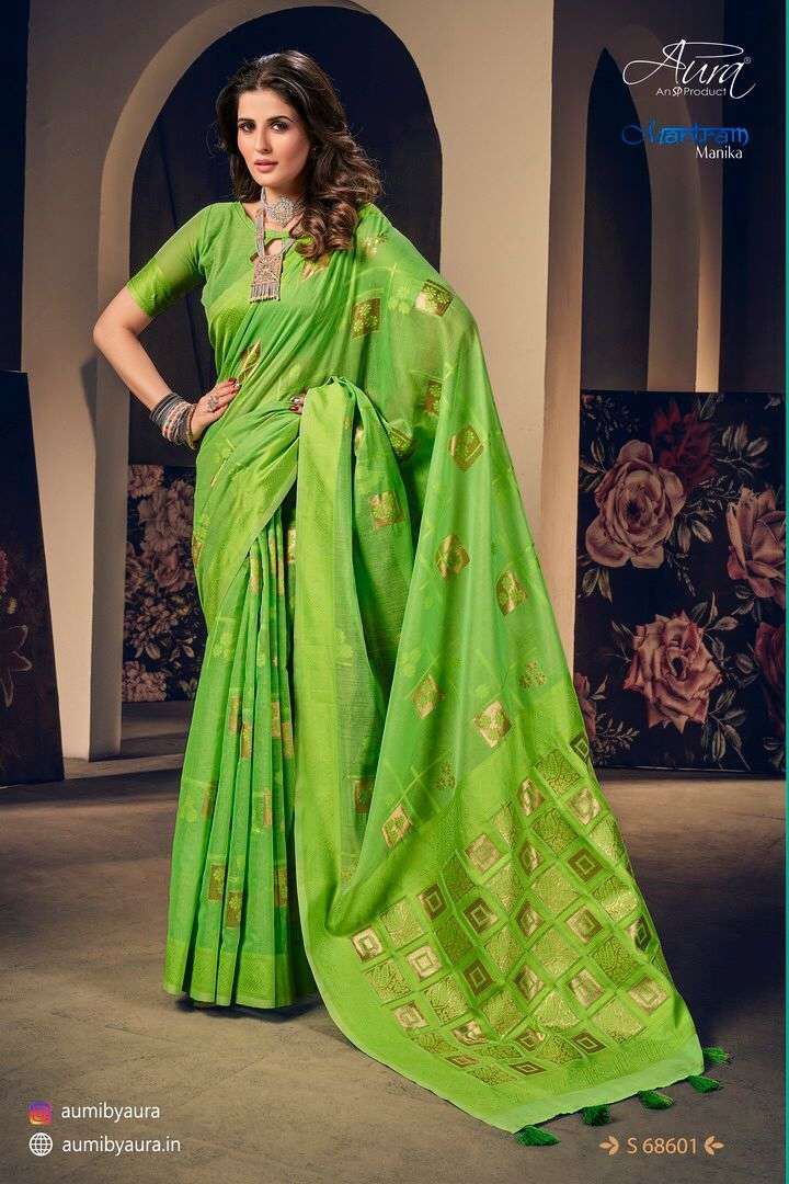 MANTRAM MANIKA BY AURA 68601 TO 68606 SERIES INDIAN TRADITIONAL WEAR COLLECTION BEAUTIFUL STYLISH FANCY COLORFUL PARTY WEAR & OCCASIONAL WEAR SOFT COTTON SAREES AT WHOLESALE PRICE
