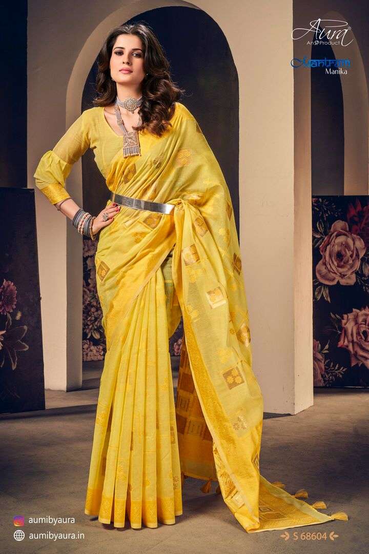 MANTRAM MANIKA BY AURA 68601 TO 68606 SERIES INDIAN TRADITIONAL WEAR COLLECTION BEAUTIFUL STYLISH FANCY COLORFUL PARTY WEAR & OCCASIONAL WEAR SOFT COTTON SAREES AT WHOLESALE PRICE