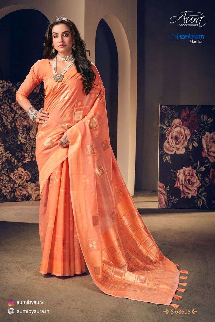MANTRAM MANIKA BY AURA 68601 TO 68606 SERIES INDIAN TRADITIONAL WEAR COLLECTION BEAUTIFUL STYLISH FANCY COLORFUL PARTY WEAR & OCCASIONAL WEAR SOFT COTTON SAREES AT WHOLESALE PRICE
