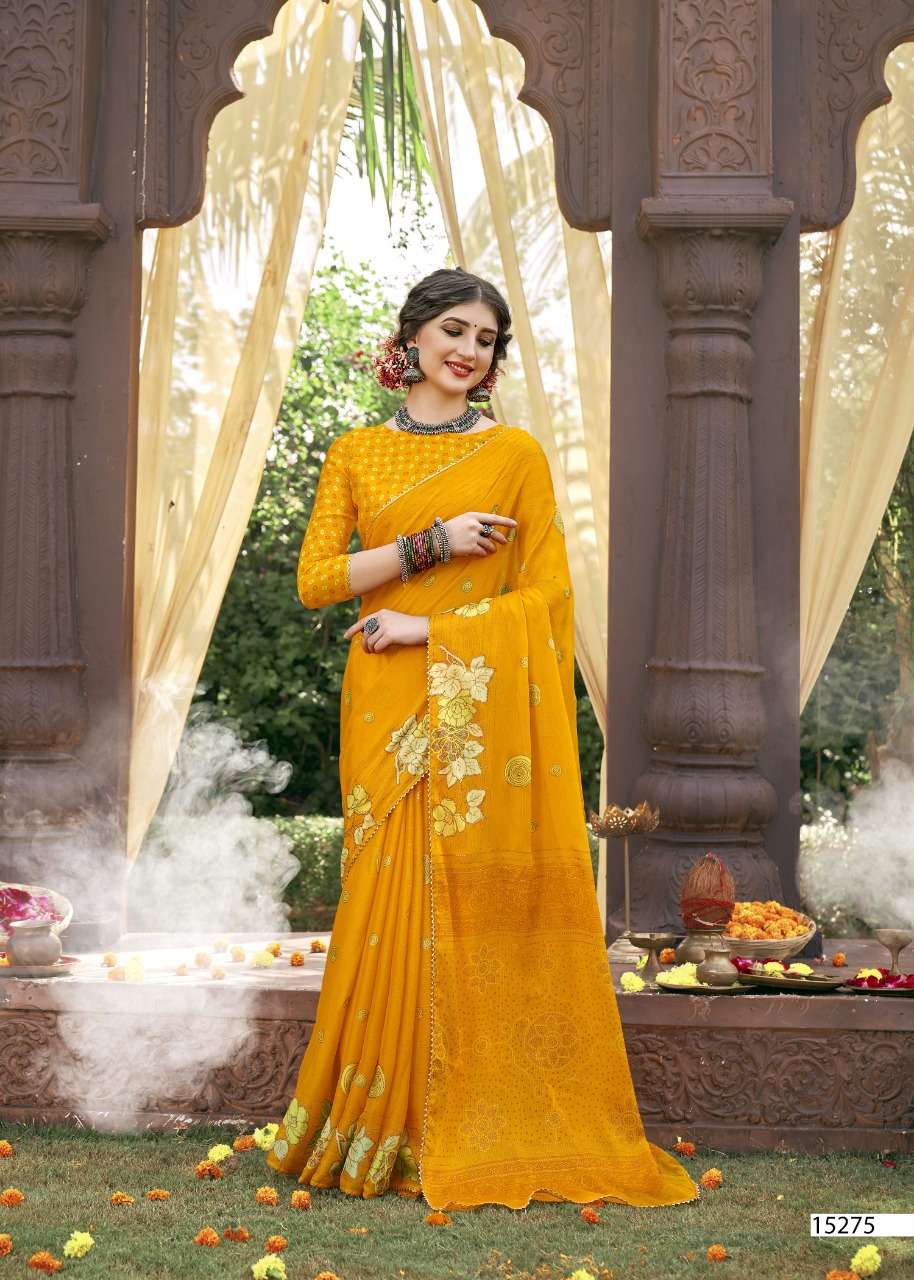 SAMUNDAR BY VALLABHI PRINTS 15271 TO 15278 SERIES INDIAN TRADITIONAL WEAR COLLECTION BEAUTIFUL STYLISH FANCY COLORFUL PARTY WEAR & OCCASIONAL WEAR CHIFFON PRINT SAREES AT WHOLESALE PRICE