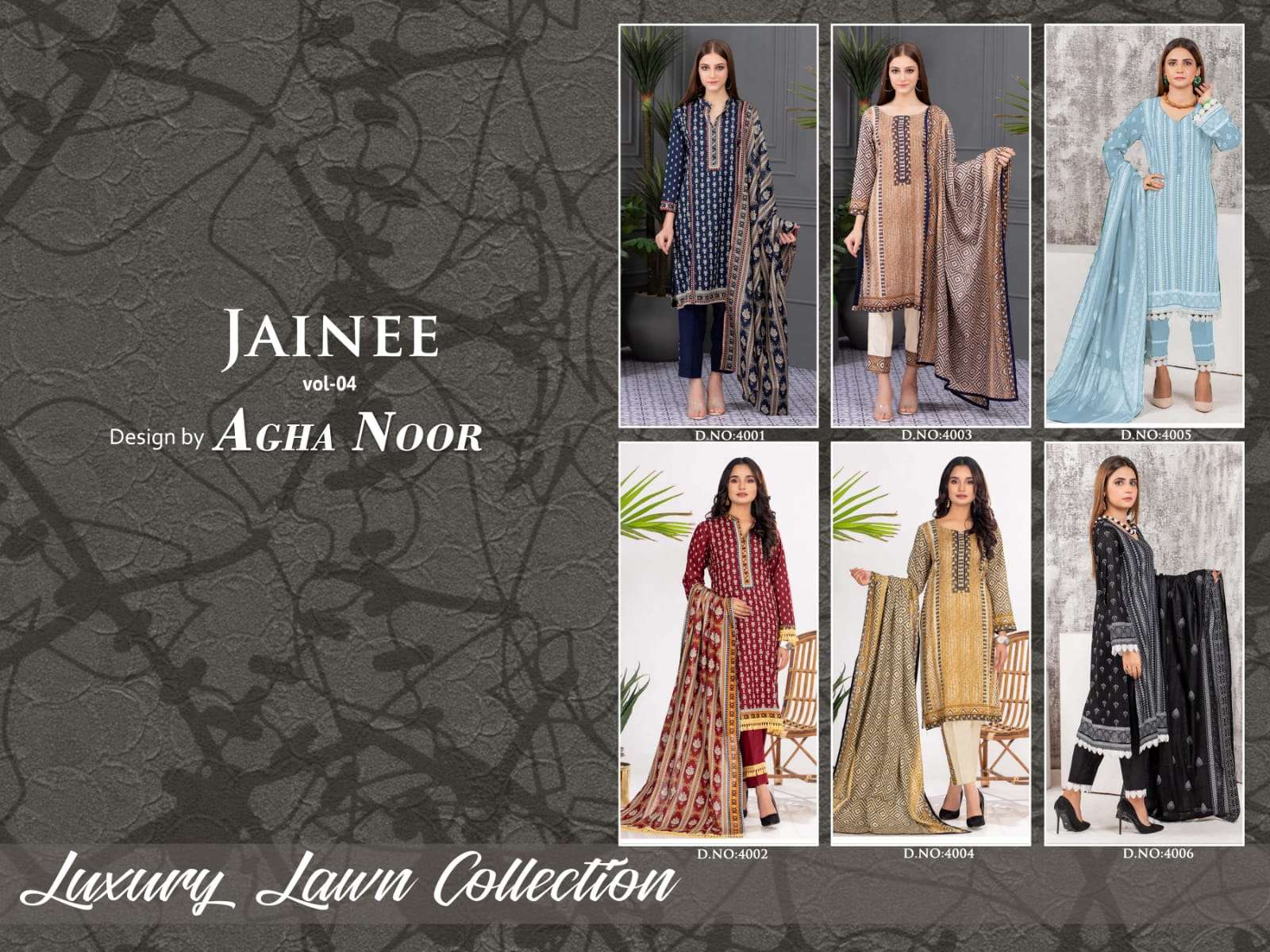 JAINEE VOL-4 BY AGHA NOOR 4001 TO 4006 SERIES BEAUTIFUL SUITS COLORFUL STYLISH FANCY CASUAL WEAR & ETHNIC WEAR LAWN COTTON DIGITAL PRINT DRESSES AT WHOLESALE PRICE