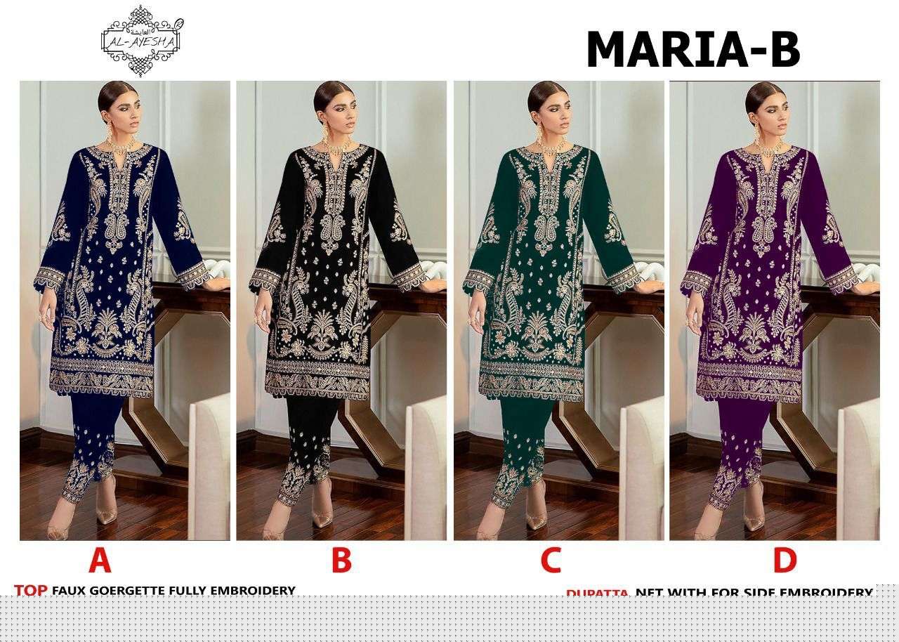 MARIA-B BY AL AYESHA A TO D SERIES DESIGNER PAKISTANI WEAR COLLECTION BEAUTIFUL STYLISH FANCY COLORFUL PARTY WEAR & OCCASIONAL WEAR FAUX GEORGETTE EMBROIDERED DRESSES AT WHOLESALE PRICE