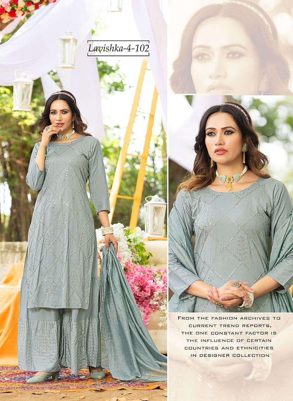 LAVISHKA VOL-4 BY MAIRA 101 TO 106 SERIES BEAUTIFUL SHARARA SUITS COLORFUL STYLISH FANCY CASUAL WEAR & ETHNIC WEAR HEAVY RAYON DRESSES AT WHOLESALE PRICE