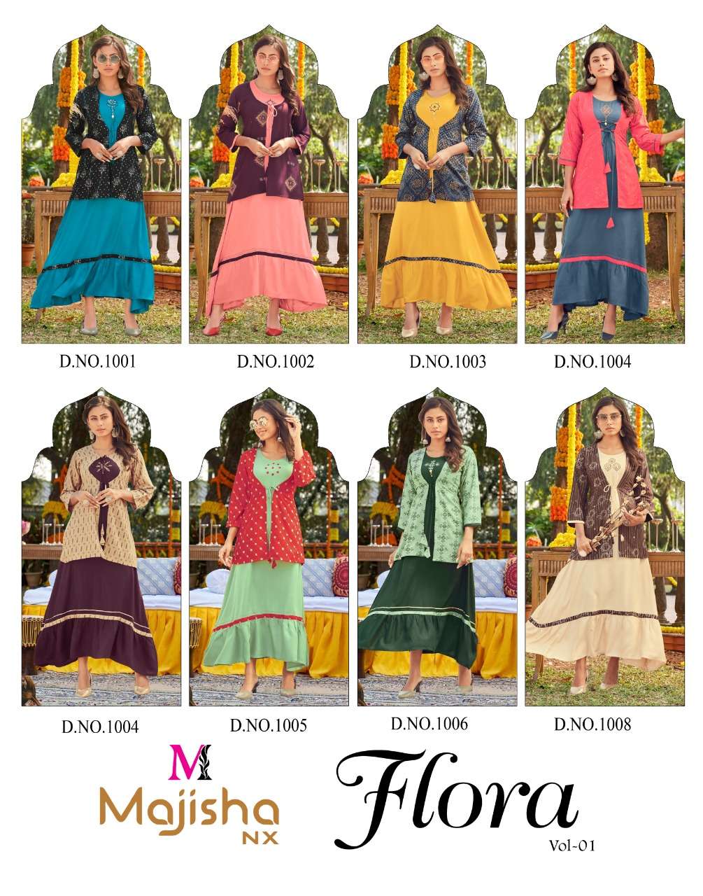 FLORA BY MAJISHA NX 101 TO 108 SERIES DESIGNER STYLISH FANCY COLORFUL BEAUTIFUL PARTY WEAR & ETHNIC WEAR COLLECTION RAYON PRINT KURTIS WITH KOTI AT WHOLESALE PRICE
