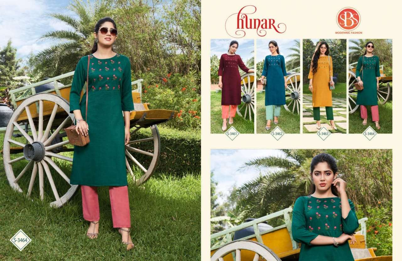 HUNAR BY SBS 3461 TO 3464 SERIES DESIGNER STYLISH FANCY COLORFUL BEAUTIFUL PARTY WEAR & ETHNIC WEAR COLLECTION CHINNON KURTIS WITH BOTTOM AT WHOLESALE PRICE