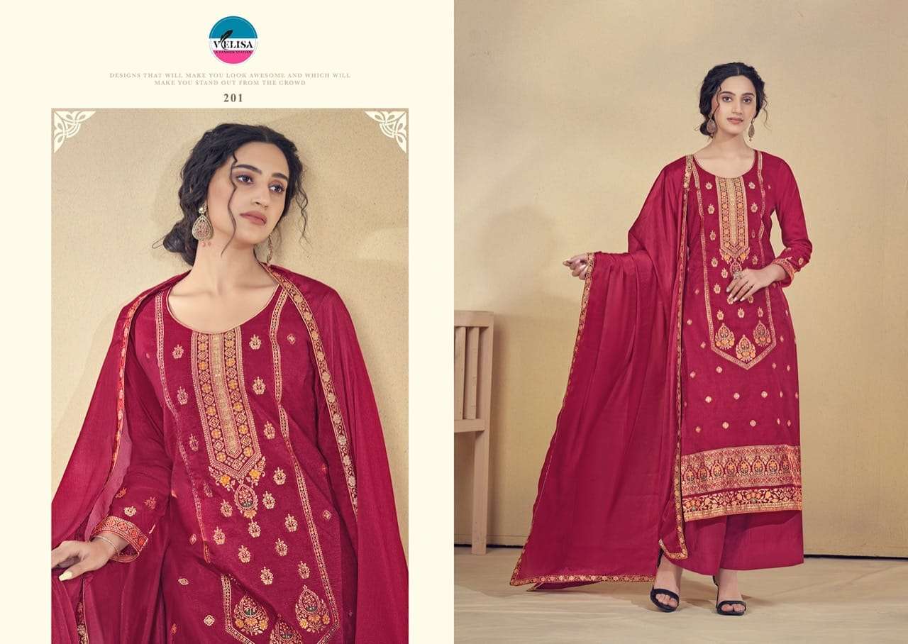 VRINDA BY VELISA 201 TO 204 SERIES BEAUTIFUL SUITS COLORFUL STYLISH FANCY CASUAL WEAR & ETHNIC WEAR PURE JACQUARD SILK DRESSES AT WHOLESALE PRICE