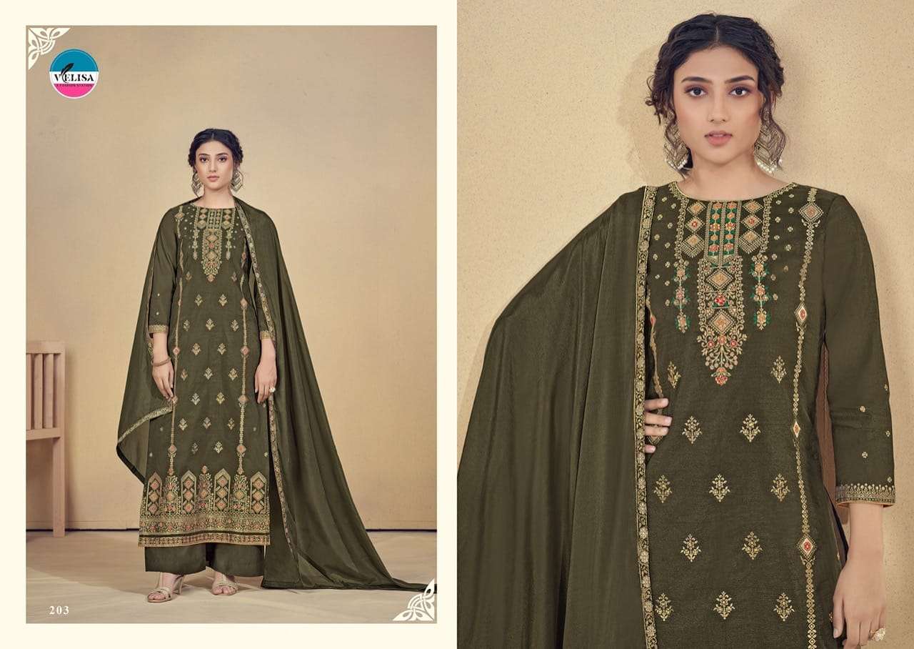 VRINDA BY VELISA 201 TO 204 SERIES BEAUTIFUL SUITS COLORFUL STYLISH FANCY CASUAL WEAR & ETHNIC WEAR PURE JACQUARD SILK DRESSES AT WHOLESALE PRICE