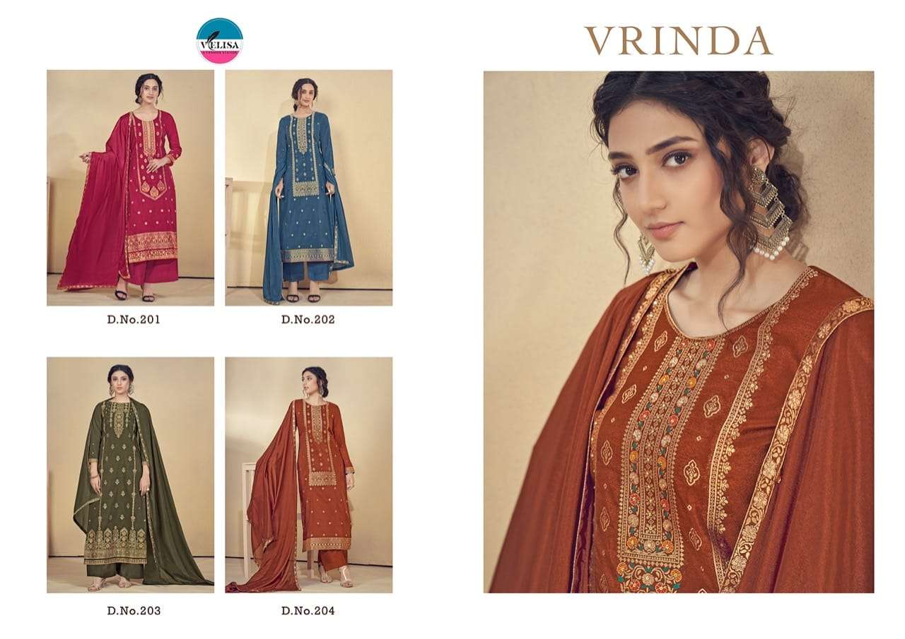 VRINDA BY VELISA 201 TO 204 SERIES BEAUTIFUL SUITS COLORFUL STYLISH FANCY CASUAL WEAR & ETHNIC WEAR PURE JACQUARD SILK DRESSES AT WHOLESALE PRICE